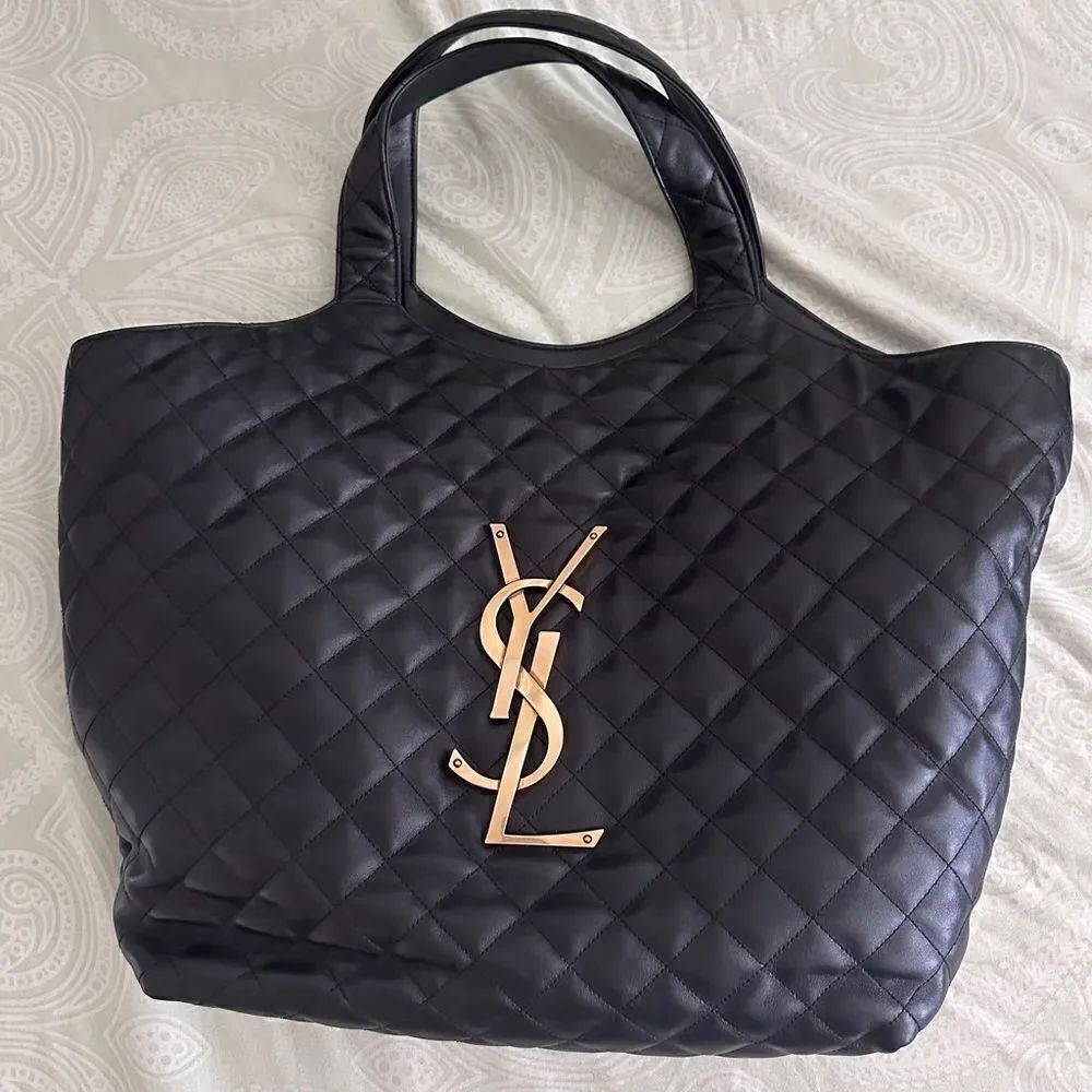 YSL, Saint Laurent iCare Tote Bag and Pouch, Black Quilted Leather